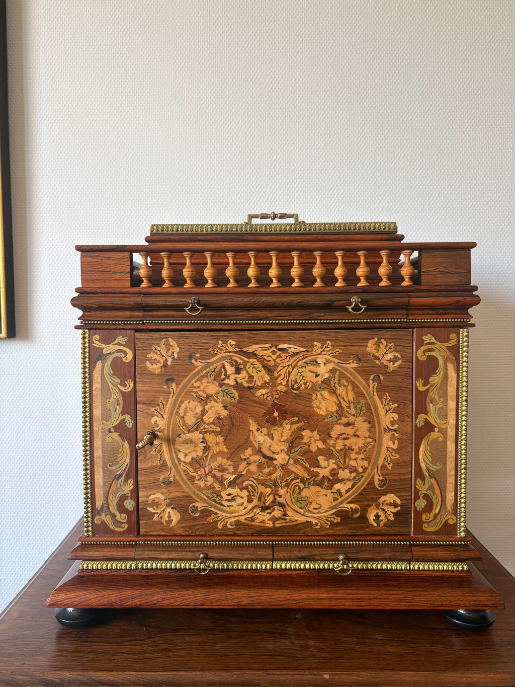 High-quality, mid-20th-century Louis XVI style jewellery caskets with hand-laid floral marquetry and fine ormolu mounts