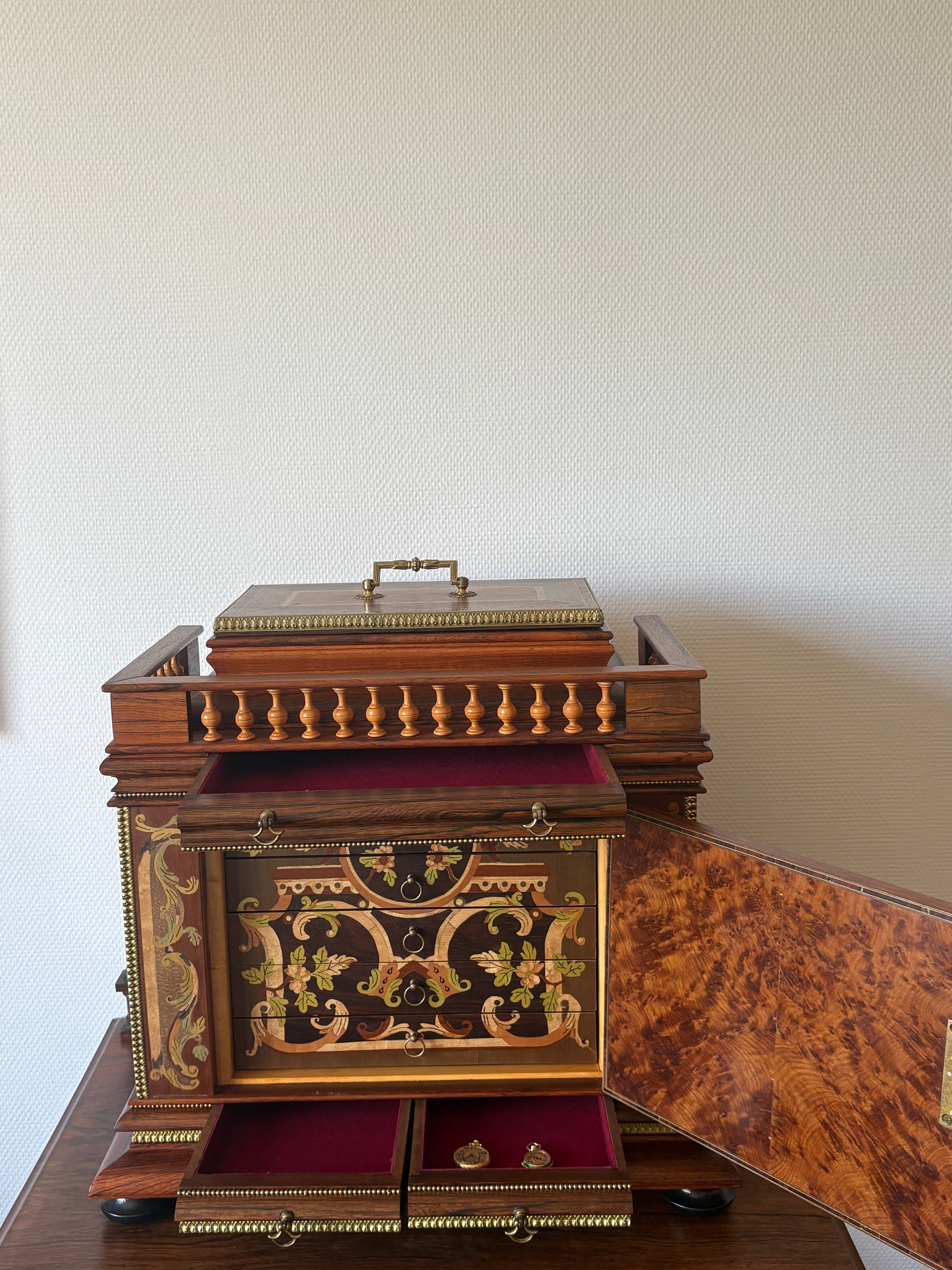 High-quality, mid-20th-century Louis XVI style jewellery caskets with hand-laid floral marquetry and fine ormolu mounts