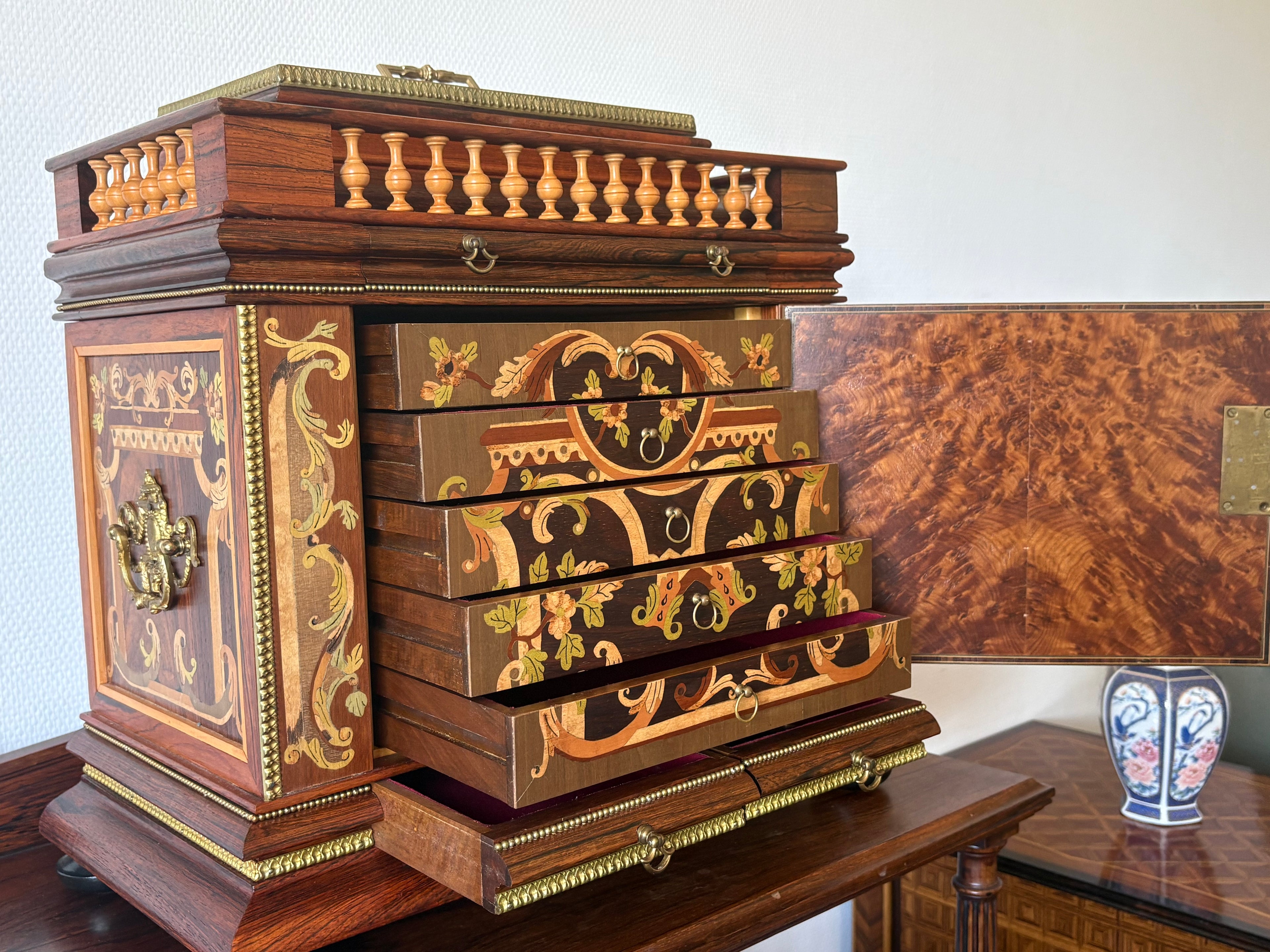 High-quality, mid-20th-century Louis XVI style jewellery caskets with hand-laid floral marquetry and fine ormolu mounts