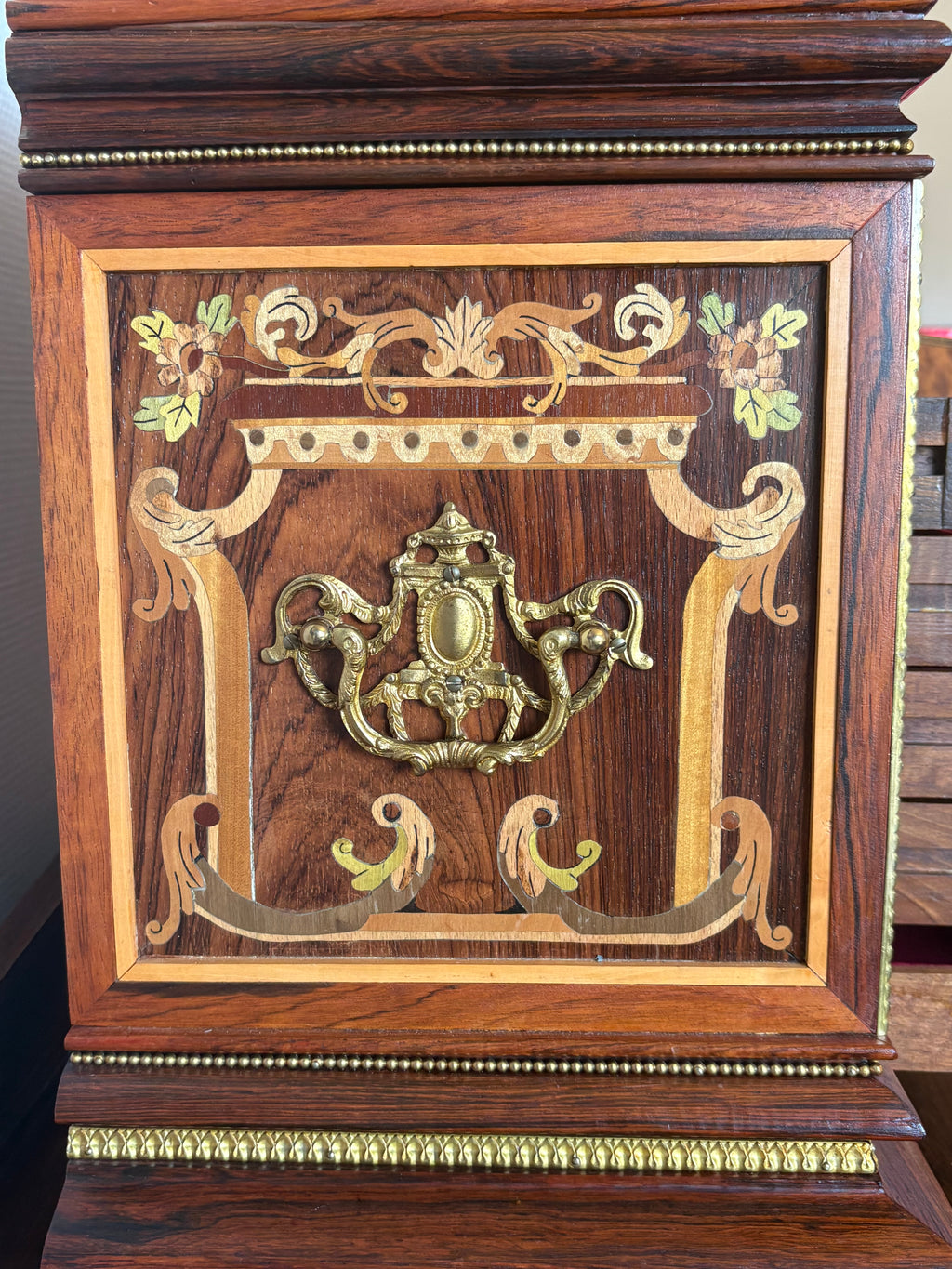 High-quality, mid-20th-century Louis XVI style jewellery caskets with hand-laid floral marquetry and fine ormolu mounts