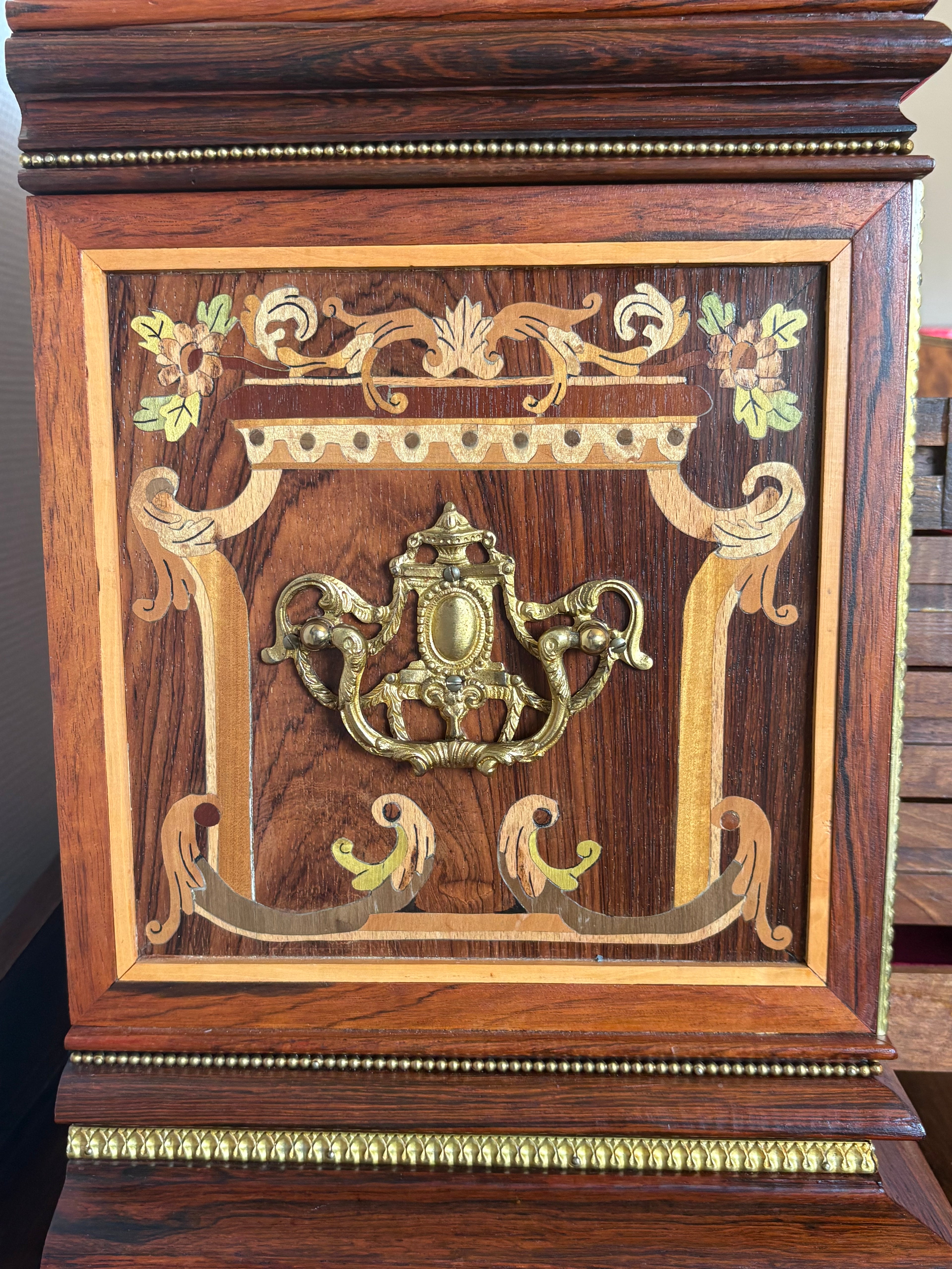 High-quality, mid-20th-century Louis XVI style jewellery caskets with hand-laid floral marquetry and fine ormolu mounts