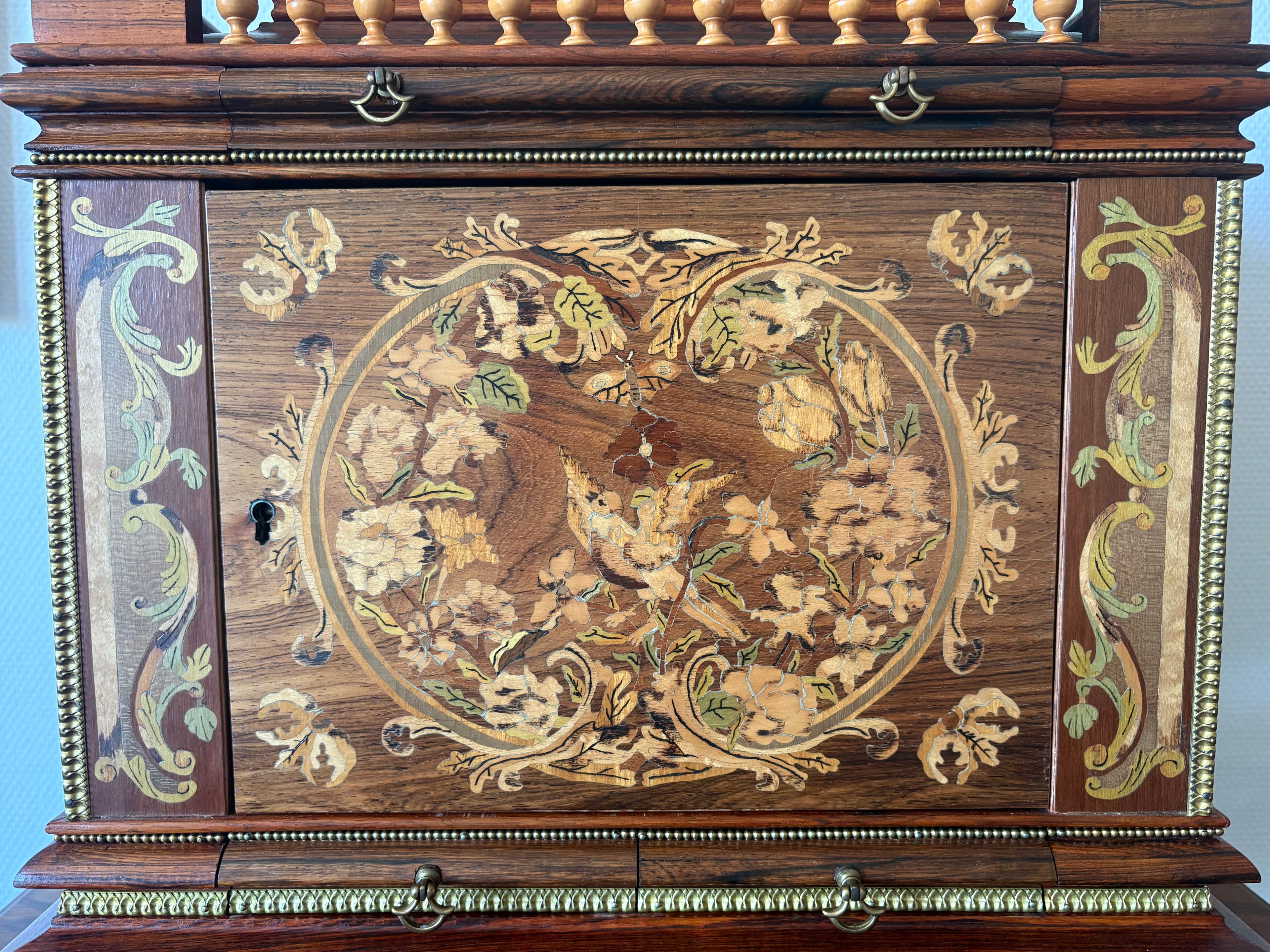 High-quality, mid-20th-century Louis XVI style jewellery caskets with hand-laid floral marquetry and fine ormolu mounts