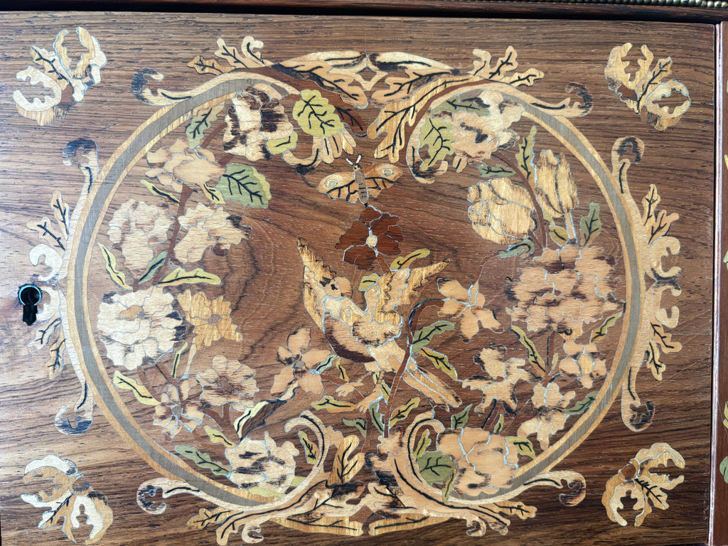 High-quality, mid-20th-century Louis XVI style jewellery caskets with hand-laid floral marquetry and fine ormolu mounts