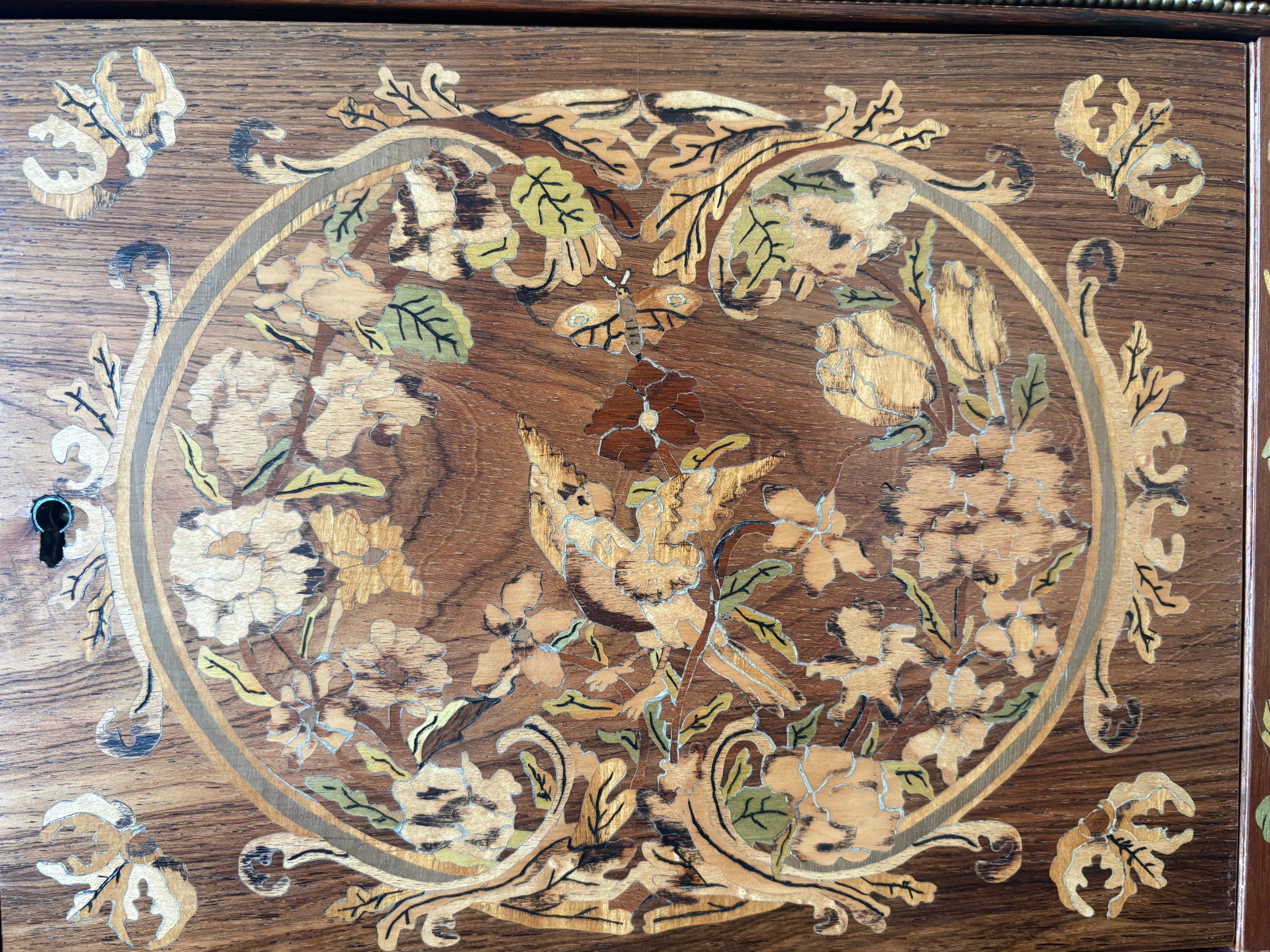 High-quality, mid-20th-century Louis XVI style jewellery caskets with hand-laid floral marquetry and fine ormolu mounts